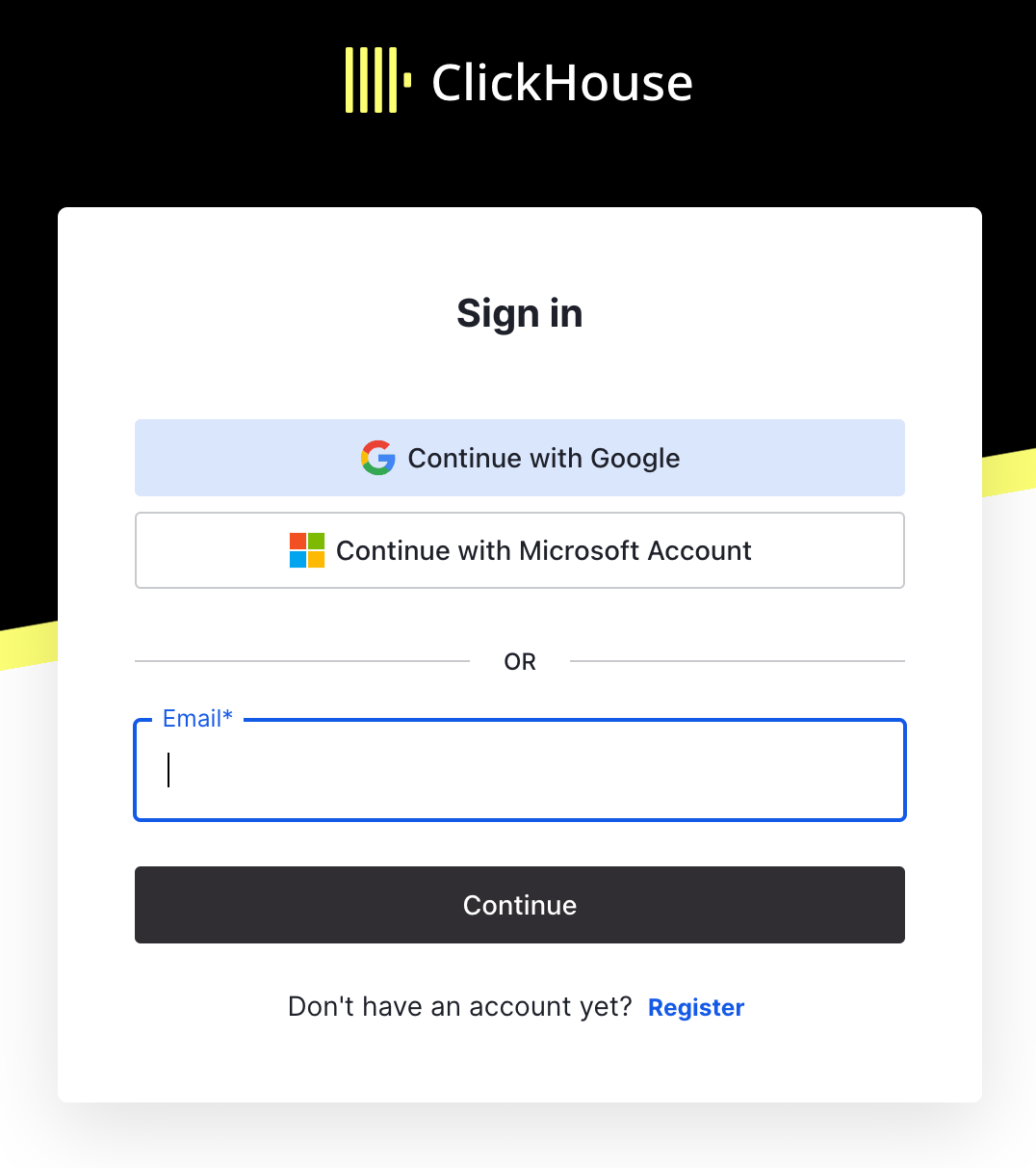 ClickHouse Cloud sign in page