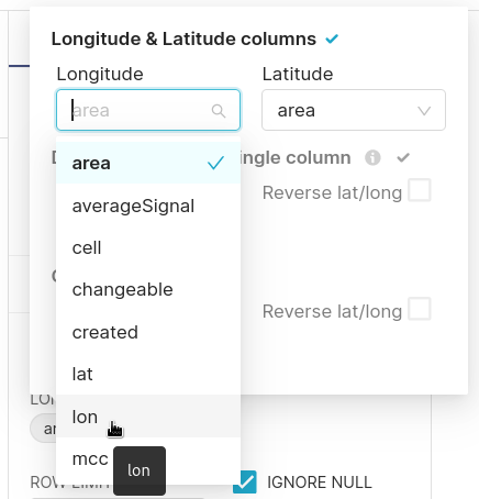 Specify longitude and latitude fields